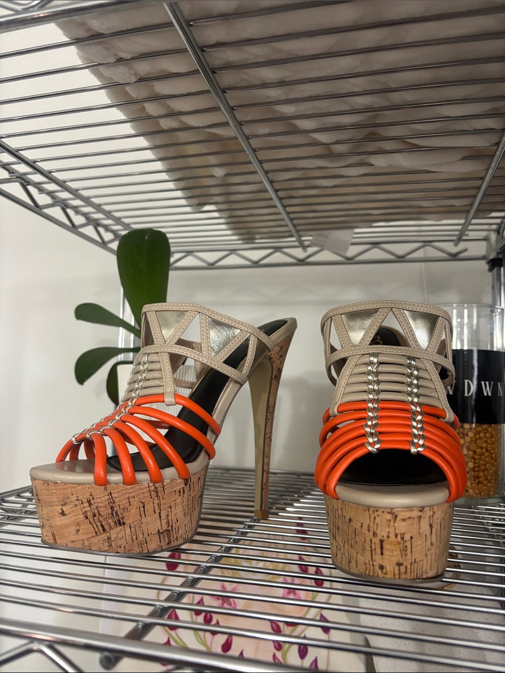 Scene Weaver Beige and Orange Cork Platform Stiletto Sandals